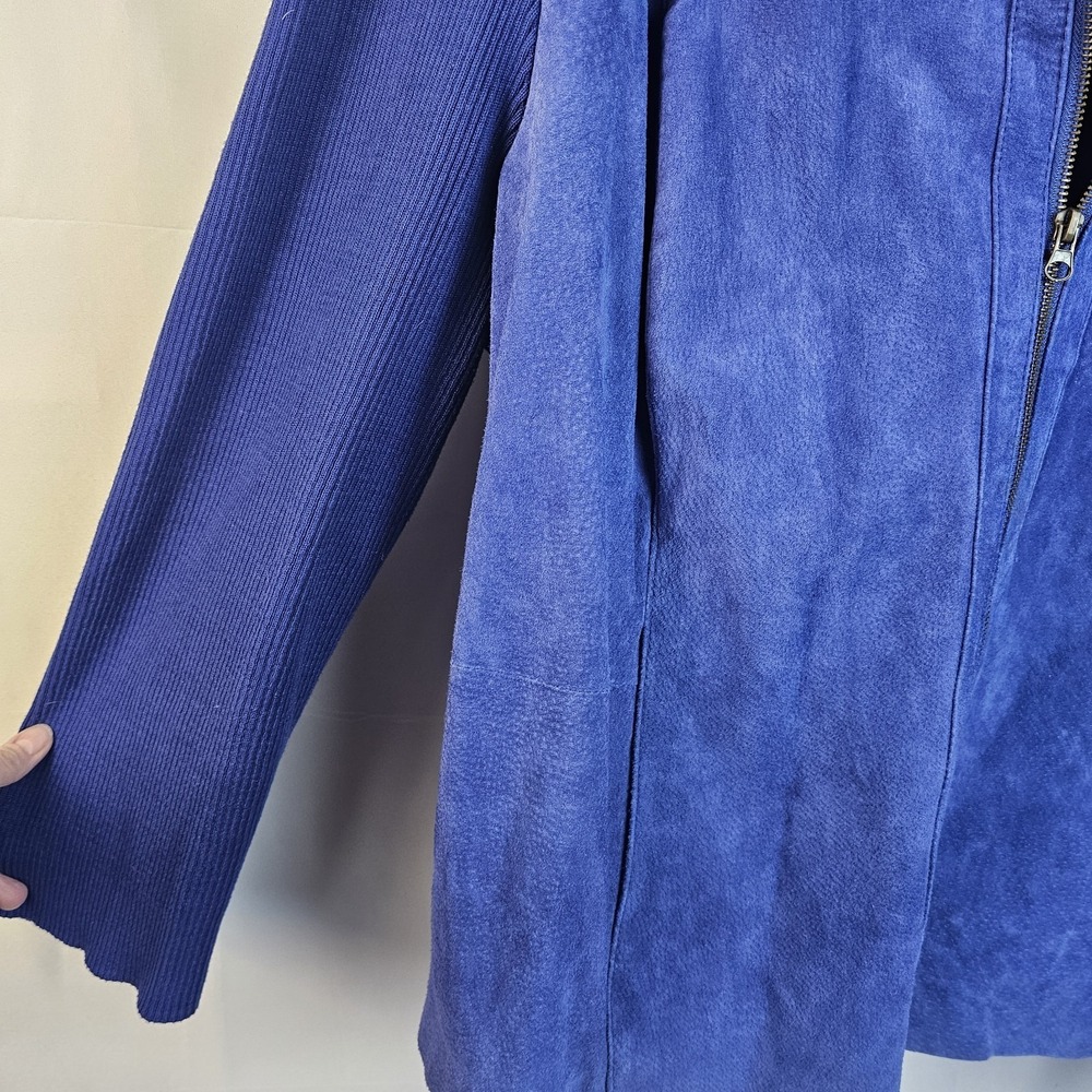 Jessica London Blue Suede Leather Ribbed Knit Full Zip Jacket Women 30/32 US 3X - Picture 2 of 11